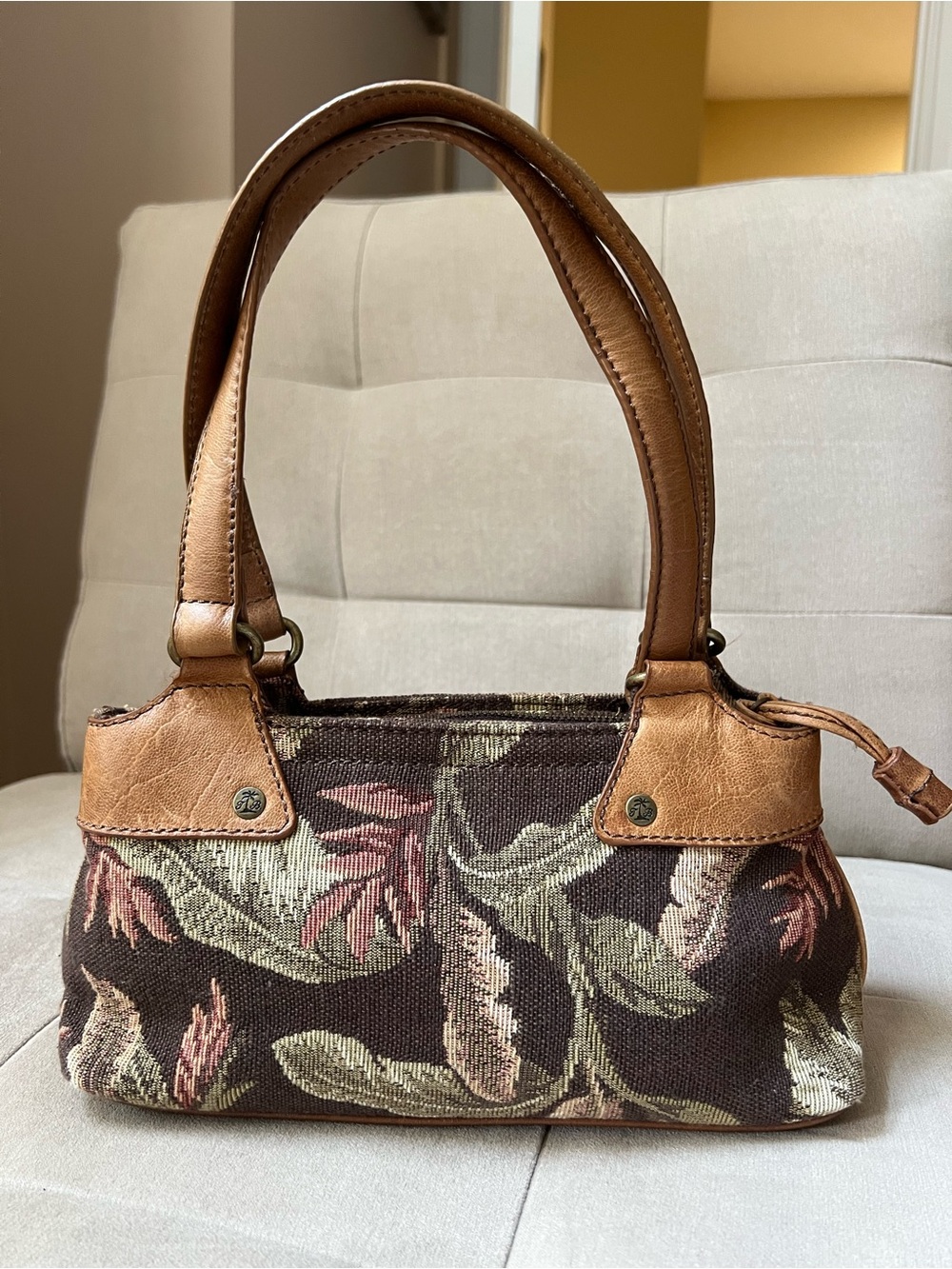 Brown Floral Tapestry Shoulder Bag with Leather Trim
